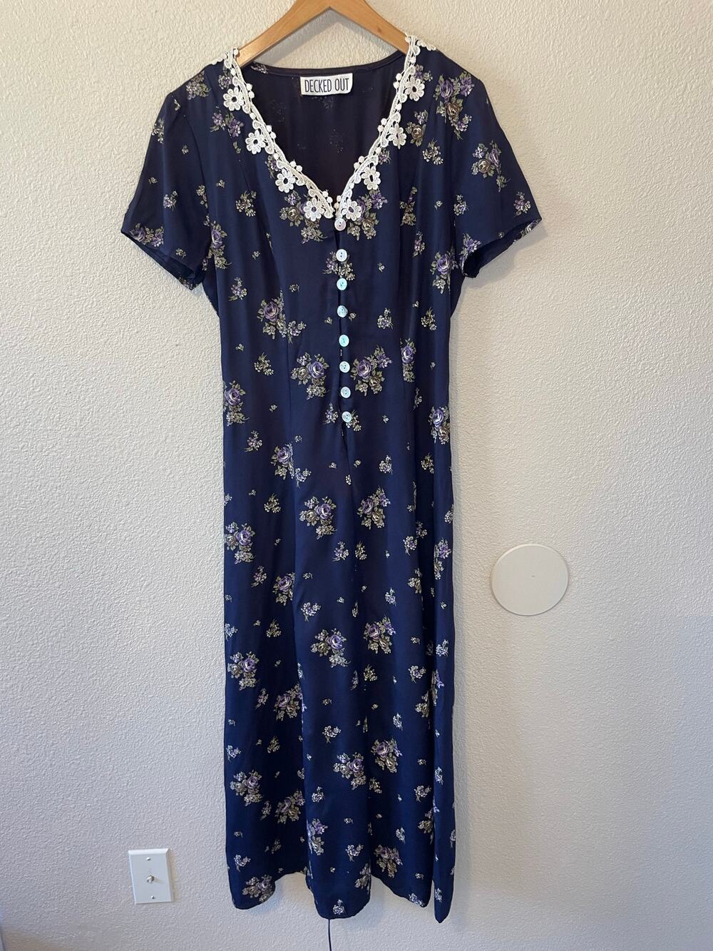 VTG Decked Out 90's Cottage Core Blue Floral Button Up Short Sleeve Maxi Dress L